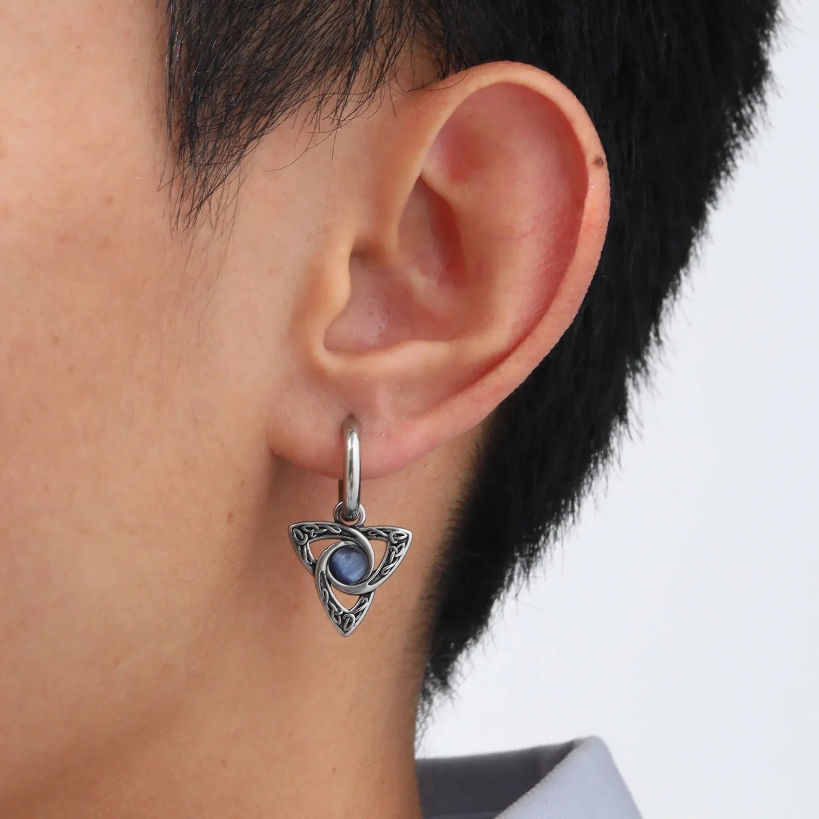 Geometric Triangle Earrings for Men | Viking Natural Stone Huggies Hoop Earrings
