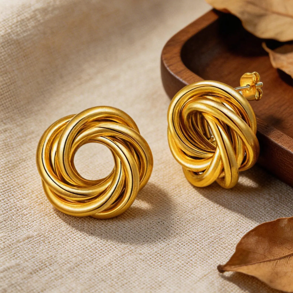 18K Gold Twist Knot Stud Earrings | Geometric Textured Screw-Back Earrings for Women