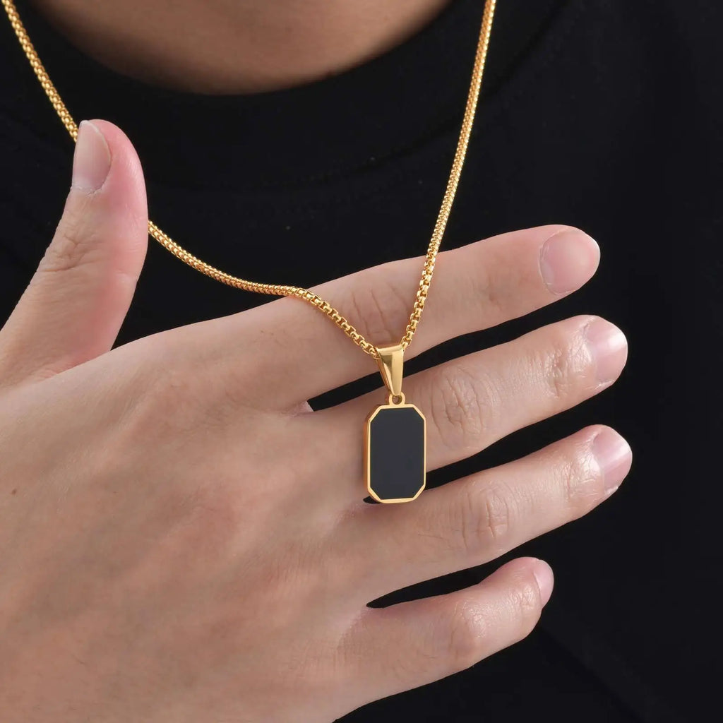 Men's Geometric Square Necklace | Black Enamel Rectangle Pendant with Rope Chain