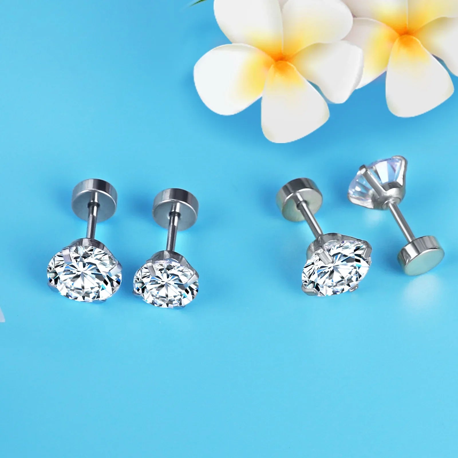 LUXUSTEEL Stainless Steel Round Cubic Zirconia Stud Earrings | Silver Screw-Back Earrings for Women