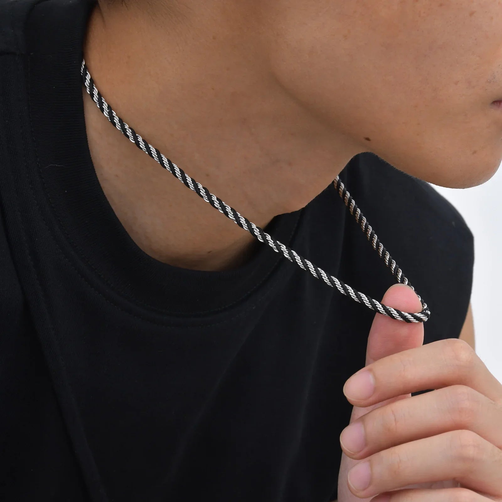 Men's Twisted Chain Necklace | Black Silver Stainless Steel Rope Link