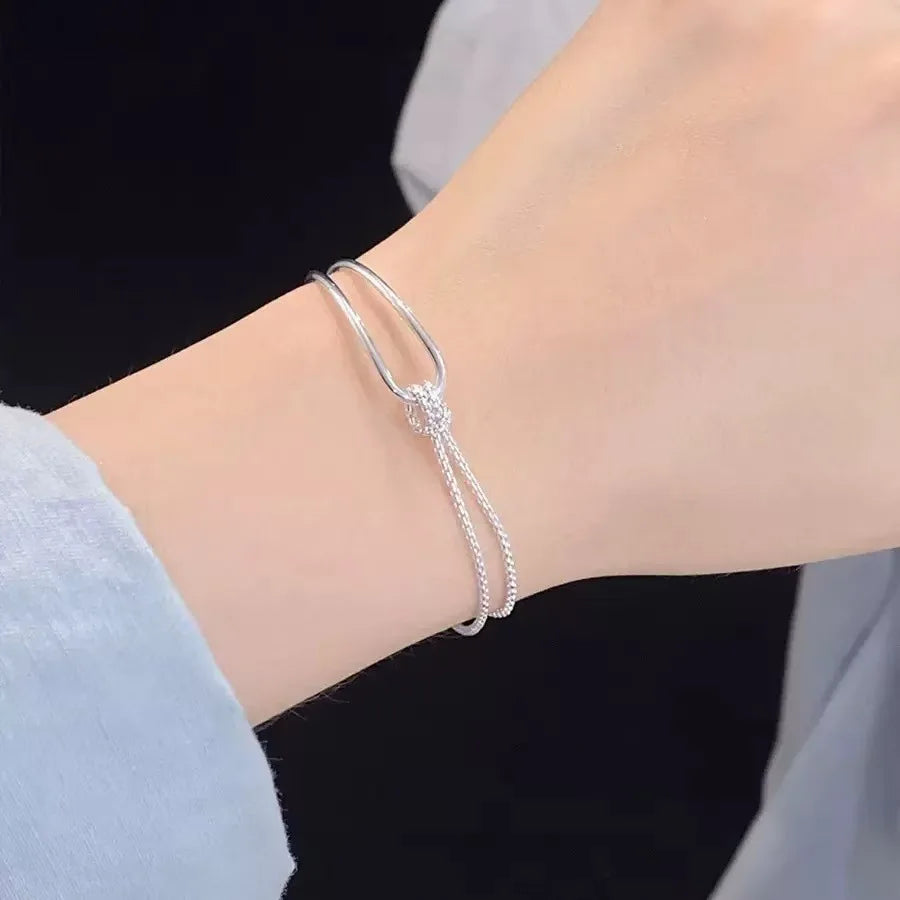 925 Sterling Silver Bracelet | Light Luxury Minimalist Half-Bangle Half-Chain Jewelry