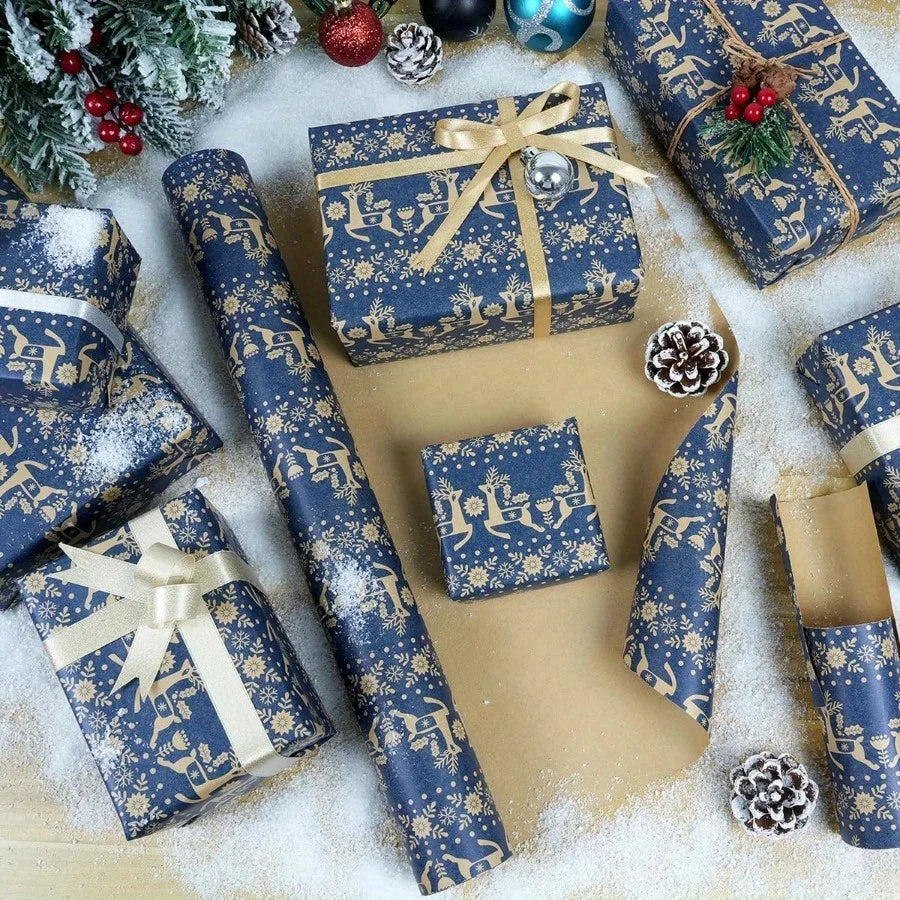 Navy Blue Kraft Christmas Wrapping Paper Roll | Snowflake, Floral and Reindeer Design