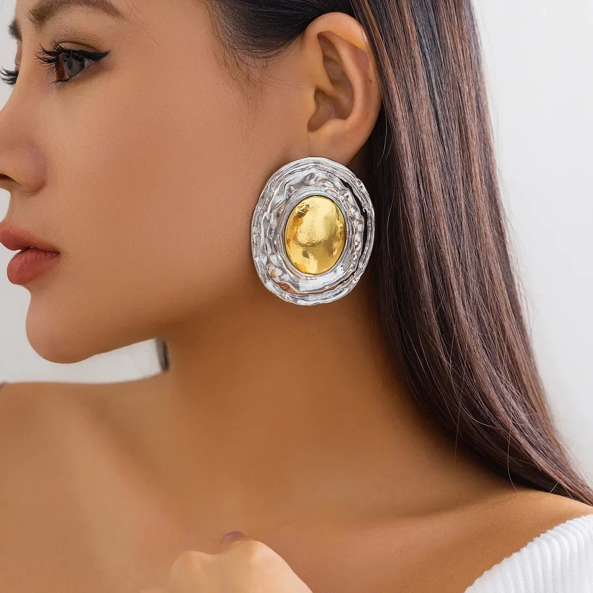 Oversize Glossy Round Circle Stud Earrings | Gold Plated Thick Hoop Jewelry