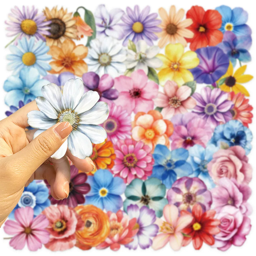 50Pcs Transparent Cartoon Floral Stickers | Waterproof PET Decor for Journals, Guitars, and Notebooks