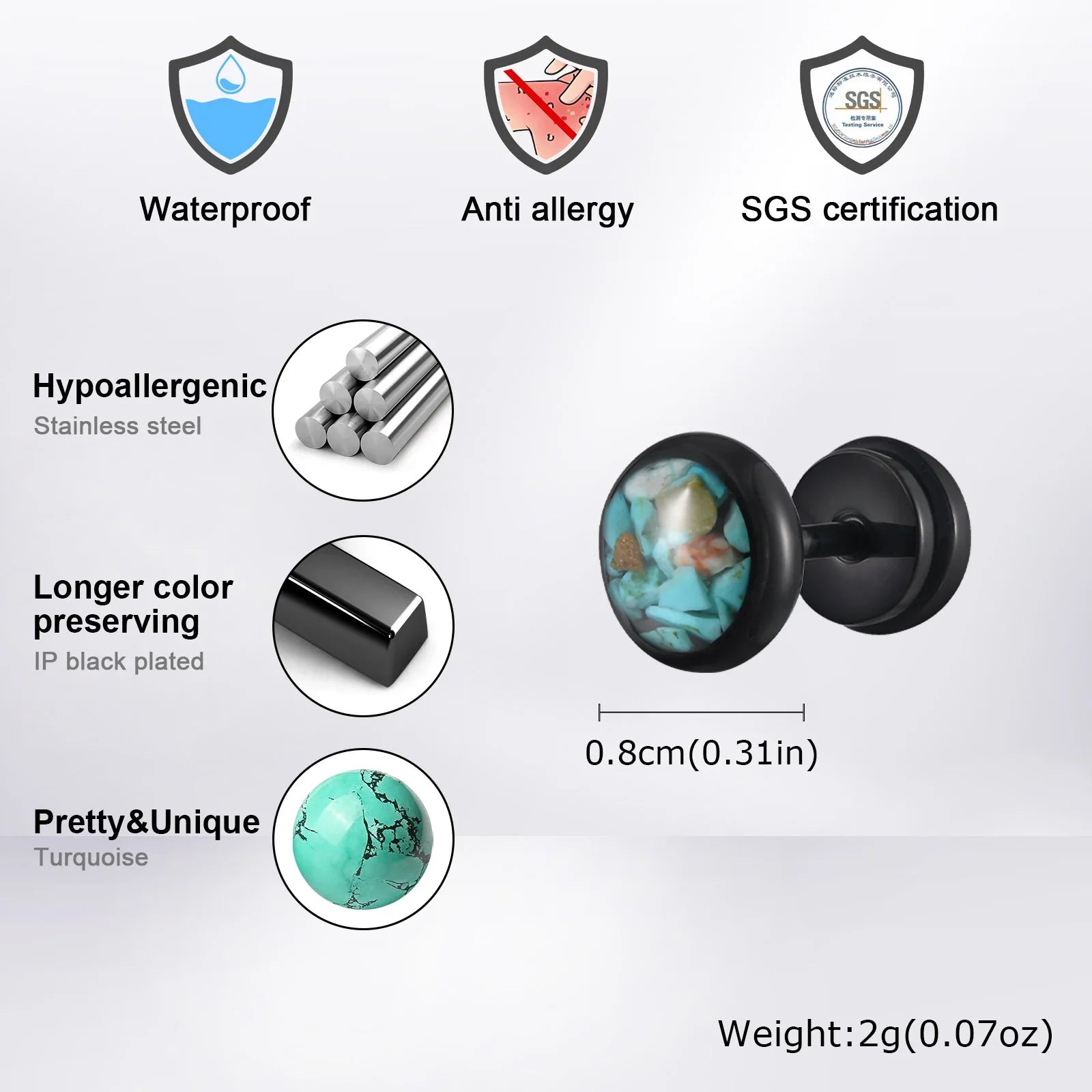 Natural Stone Stud Earrings for Men | Stainless Steel Plated Round Earring Gift