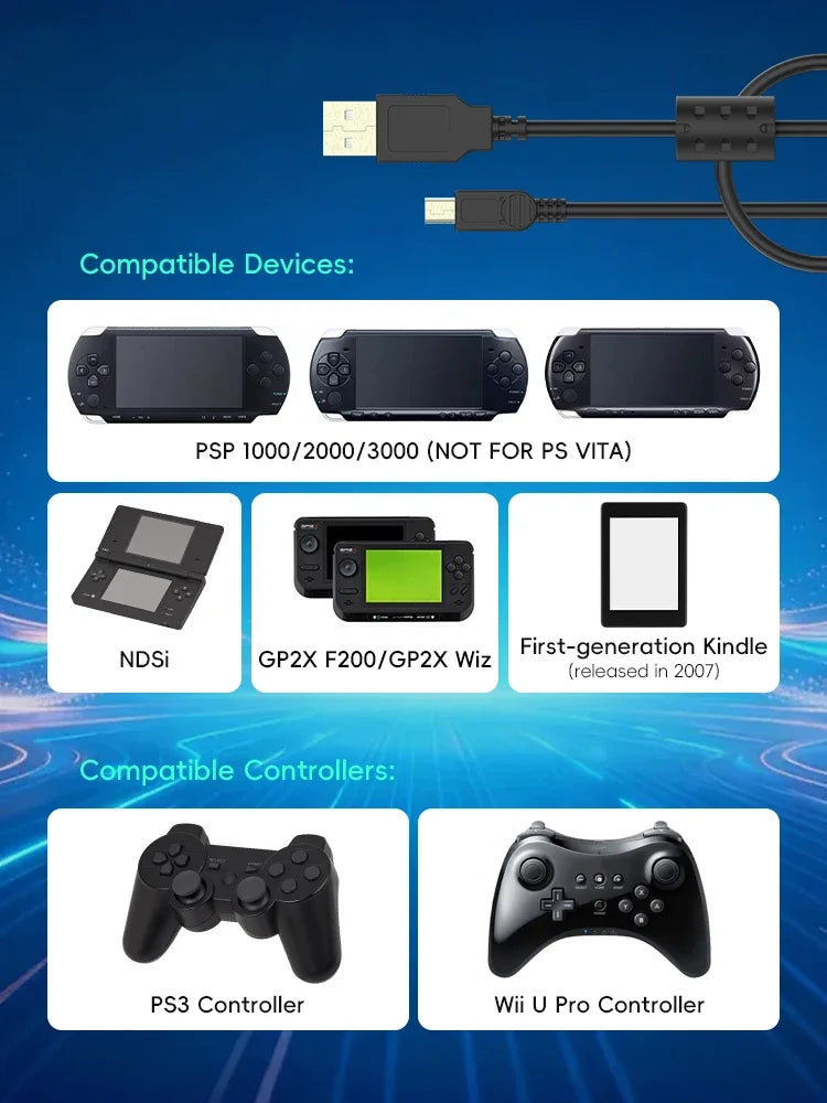 Data Frog USB A to Mini-B 5Pin Cable 1m/2m/3m | Charging & Data Sync for PSP, NDSi, PS3 & Wii U Pro