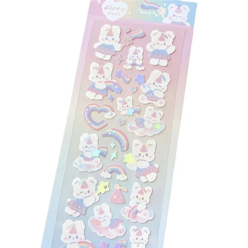 1pc Korean Cute Sticker Kawaii Bling Bunny Rainbow Four-leaf Pudding Sticker Waterproof Hot Silver Sticker for Student DIY Photo