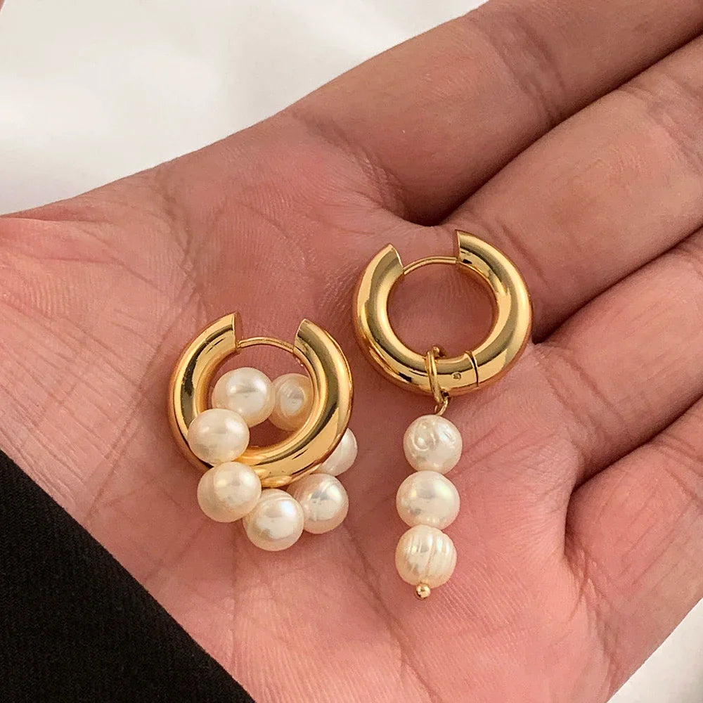 Trendy Asymmetry Pearl Drop Earrings | Stainless Steel Huggie Hoops for Women