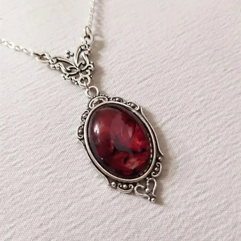 Gothic Blood Red Quartz Charm Necklace | Vampire Witch Jewelry for Women