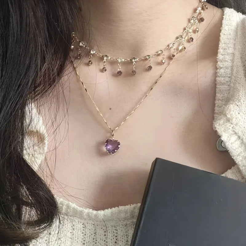 Elegant Women's Double Layer Heart Pendant Necklace | Synthetic Zirconia Collarbone Jewelry