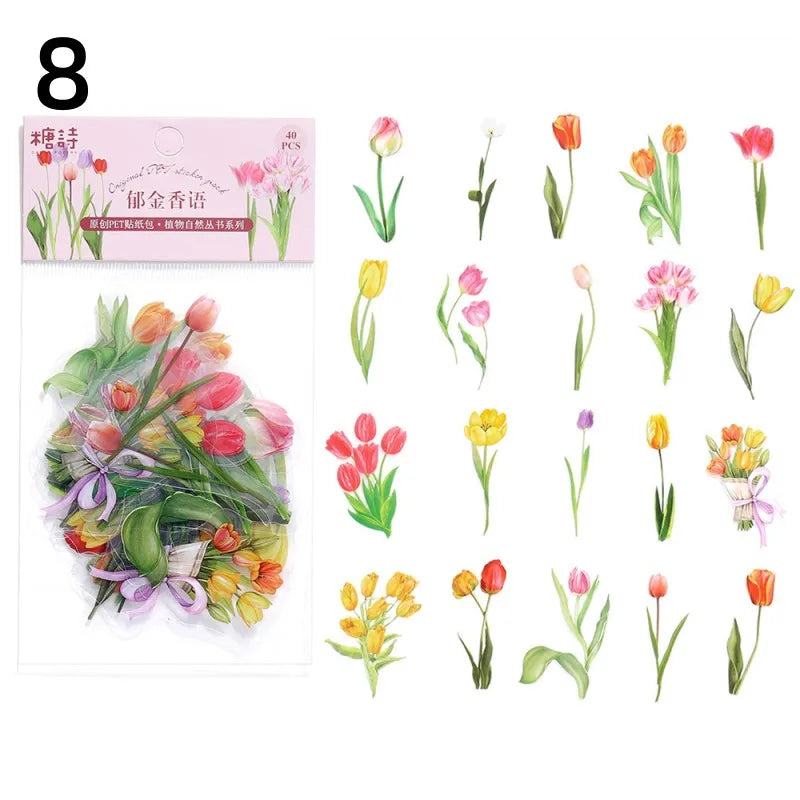 40 Pcs Vintage Plant Flower Stickers | Retro Green Leaf Decal Set for DIY Scrapbooking