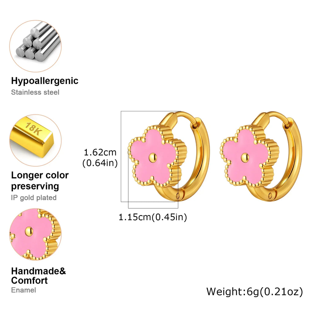 Dainty Lucky Leaf Hoop Earrings for Women Teens | Stainless Steel Flower Hoop Earrings Non Tarnish