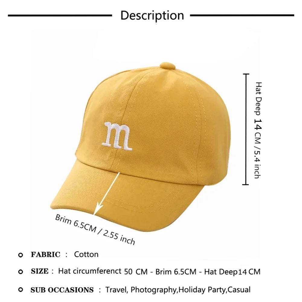 Girls Boys Adjustable Baseball Cap | Kids Sun Hat with M Letter Embroidery