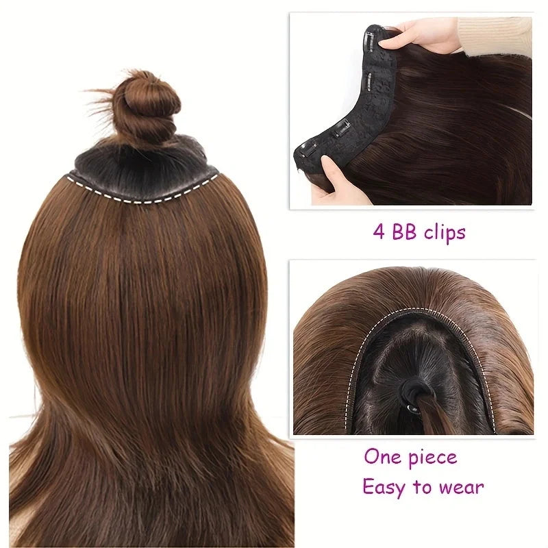20/30cm Synthetic Straight Hair Extension with 4 Clips | V-Shaped Half Head Invisible Hairpiece