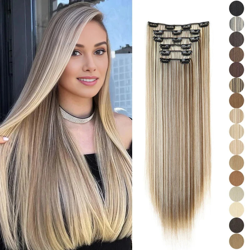 Synthetic 24 Inch Clip In Hair Extensions | Long Straight Blonde Black Heat Resistant Daily Use