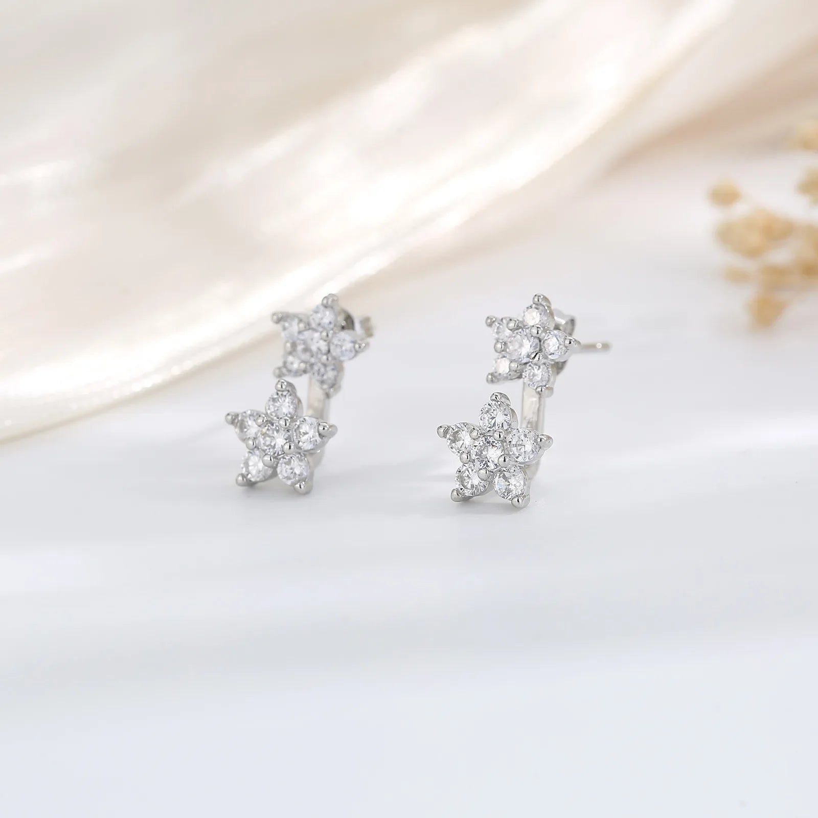 Double Flower Stud Earrings | Screw-Back Crystal Tragus Earrings for Women
