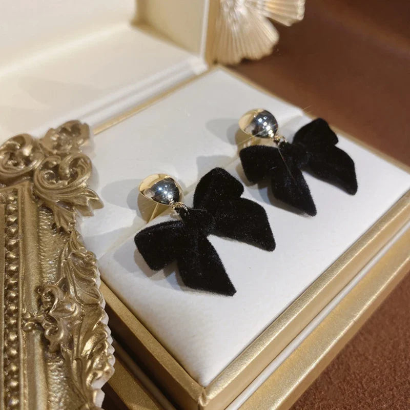 Vintage Black Flocking Bowknot Earrings | Geometric Drop Earrings for Women