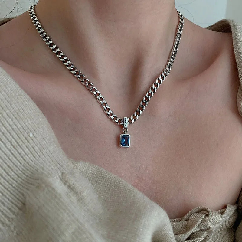 925 Sterling Silver Vintage Cuba Neck Chain Square Zircon Pendant | Women's Fine Jewelry