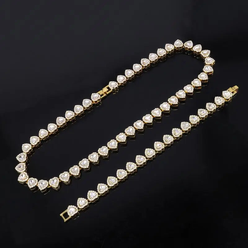 Shiny Heart Rhinestone Hip Hop Chain Necklace and Bracelet Set | Hip Hop Jewelry