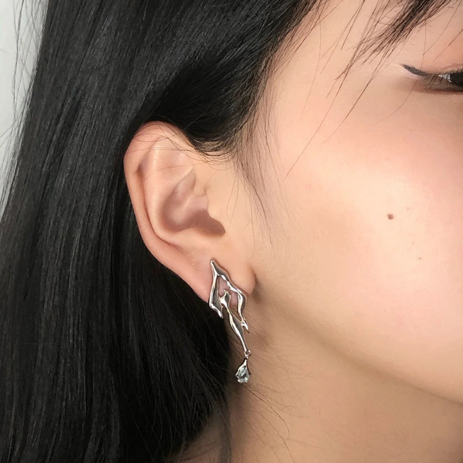 Liquid Metal Geometric Zircon Stud Earrings | Asymmetrical Jewelry for Women and Men