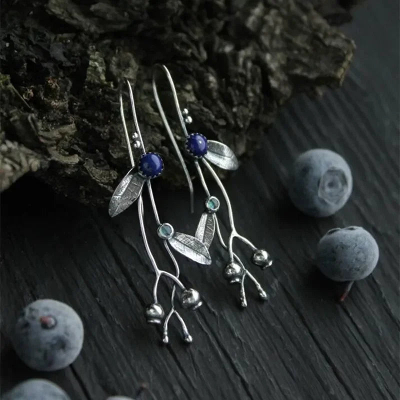 Silver blueberry earrings | Elven style botanical drop earrings
