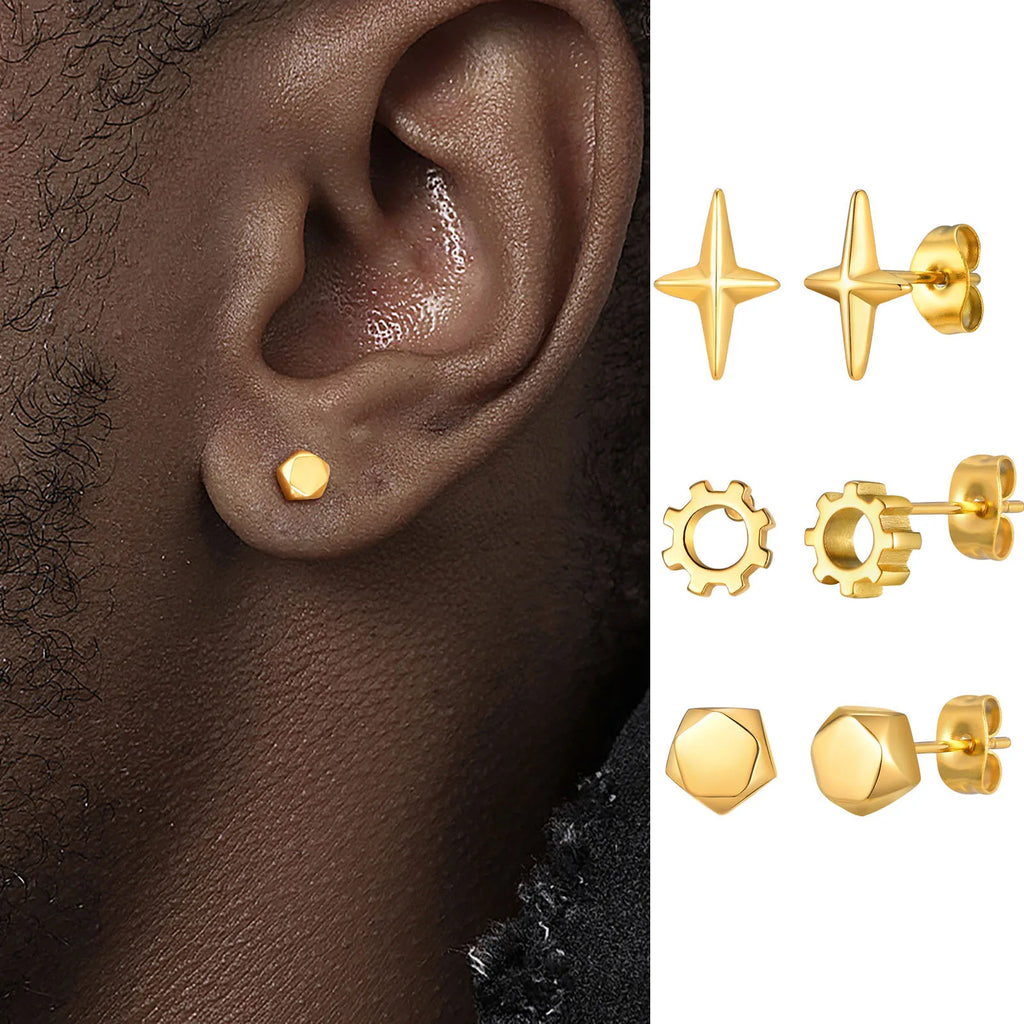 Gold Stud Earrings for Men | Hypoallergenic Stainless Steel Hip Hop Jewelry