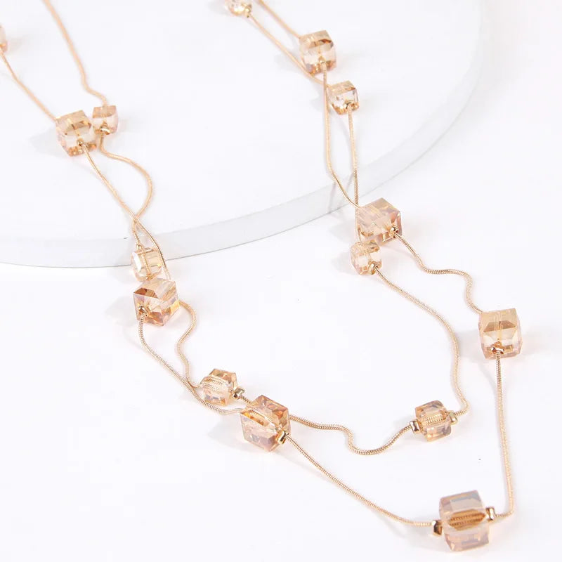Gold Square Bead Sweater Chain Necklace | Double Layer Glass Pendant Jewelry for Women