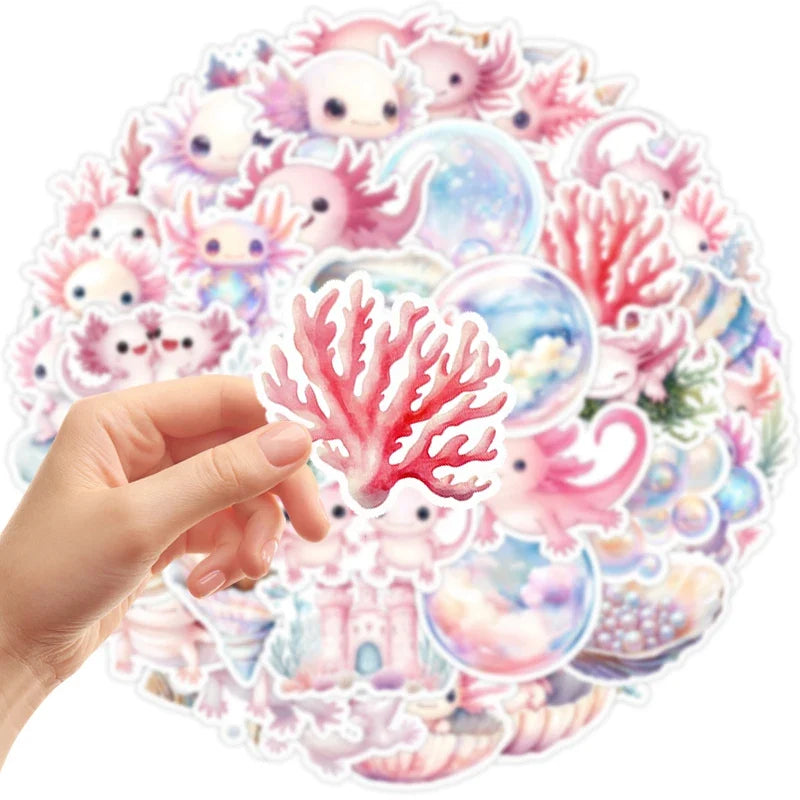 50 Cute Pink Axolotl Stickers | Waterproof Vinyl Animal Decals for Laptop, Water Bottle, and Phone