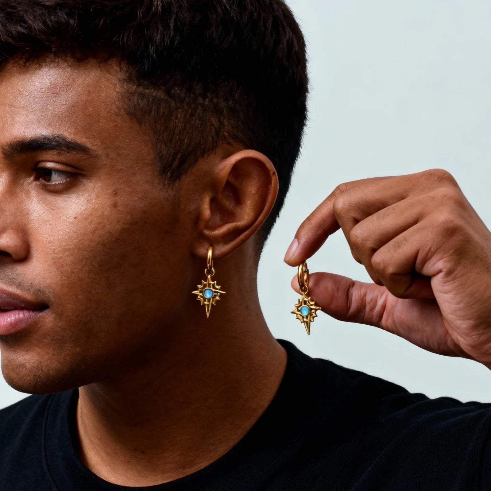 Moonstone Stainless Steel Hoop Earrings for Men | Waterproof Hip Hop Jewelry Gift