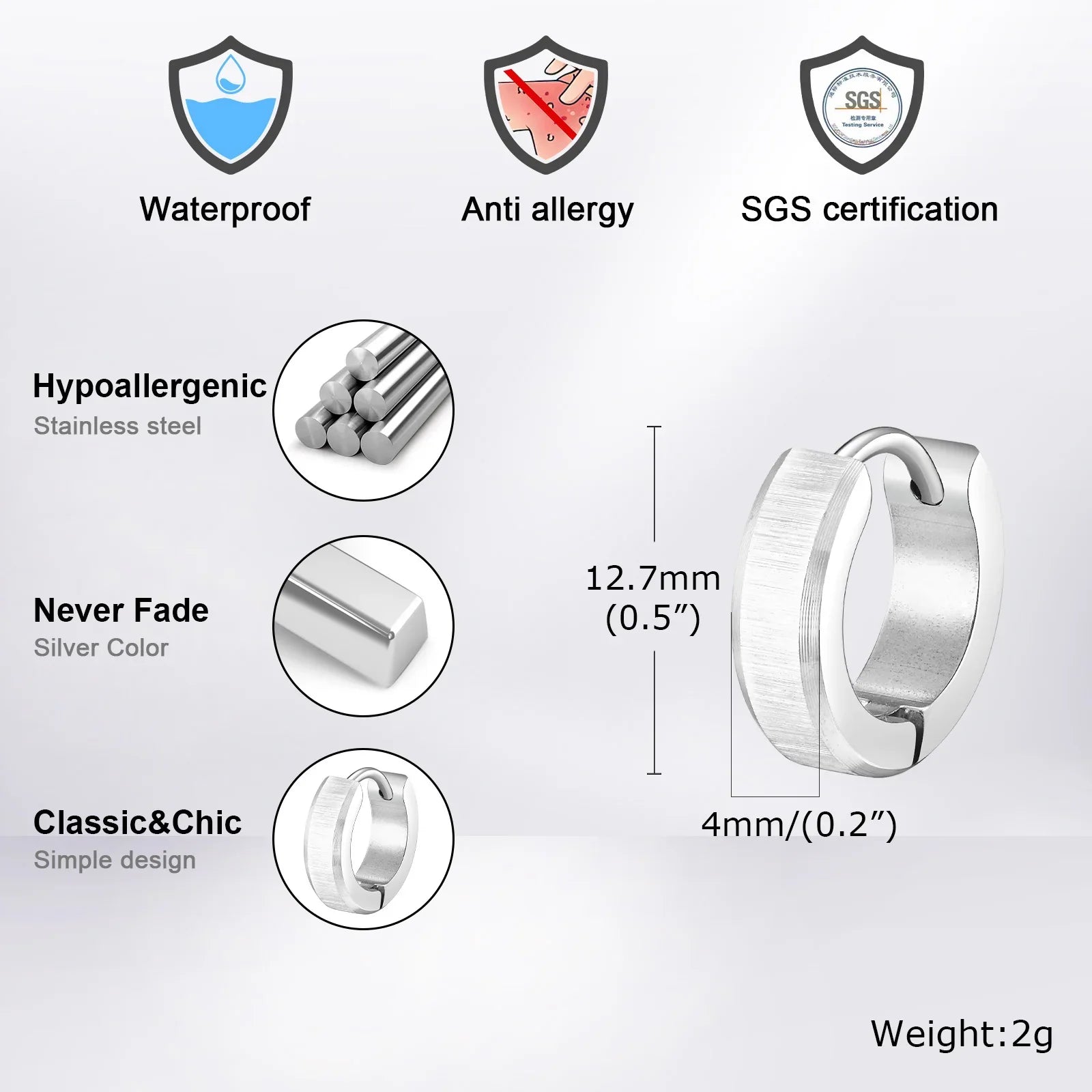 Stainless Steel Hoop Earrings for Men | Brushed Silver Small Hoops