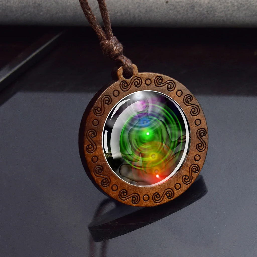 7 Chakra Symbol Glass Wood Pendant Necklace | Unisex Yoga Meditation Jewelry