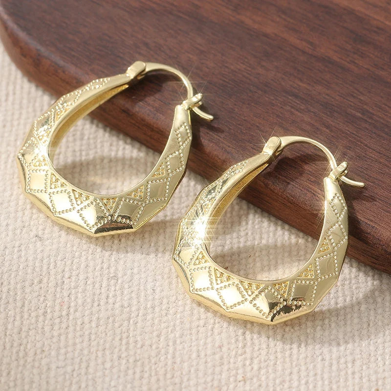 Vintage Oval Golden Hoop Earrings | Hand Carved Patterned Drop Earrings