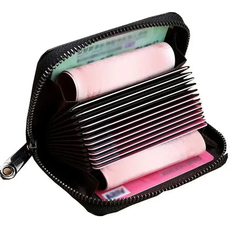 Business Card Holder Wallet | PU Leather Credit Card Case with Zipper Closure