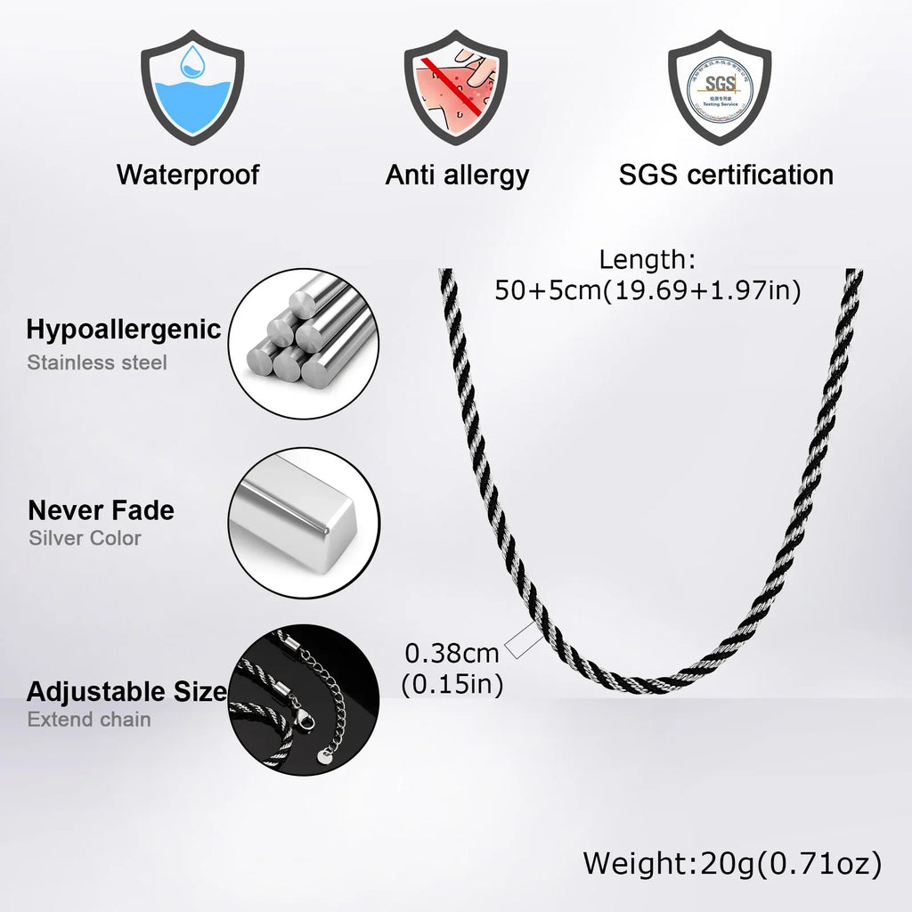 Men's Twisted Chain Necklace | Black Silver Stainless Steel Rope Link