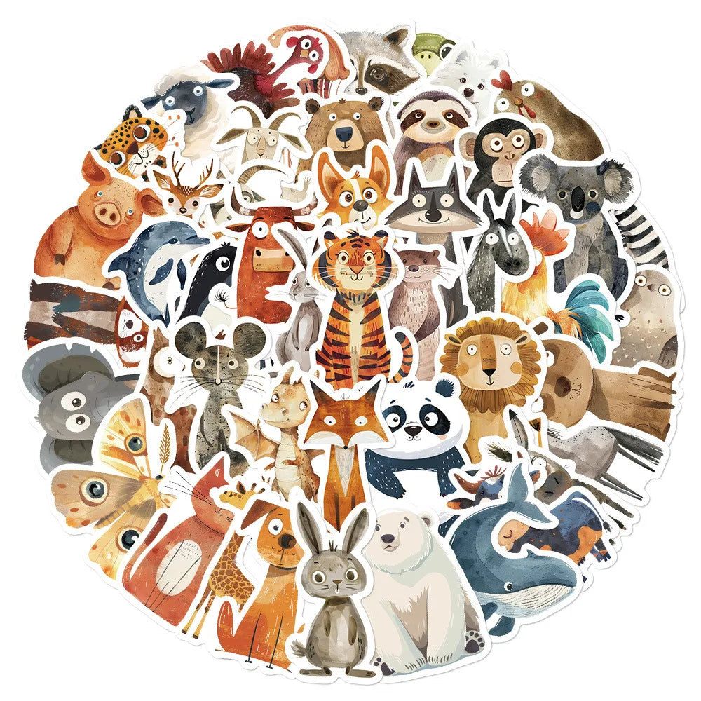 50 Pcs Quirky Watercolor Animal Cartoon Stickers | DIY Decals for Luggage, Laptops & Journals
