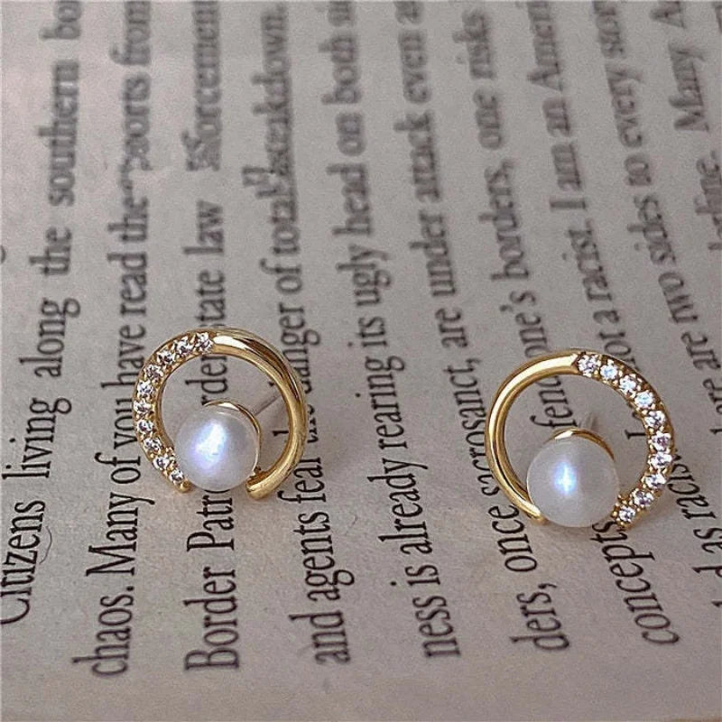 Geometric Pearl Stud Earrings | Fashion Round Zircon Earrings