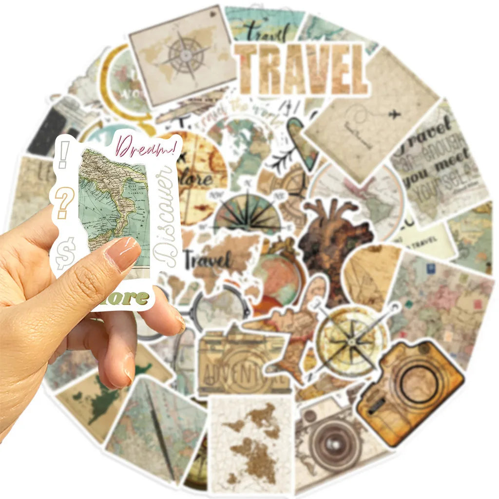 50 Pcs Travel Clock Map Graffiti Stickers | Waterproof Decals for Bike Laptop Pencil Case