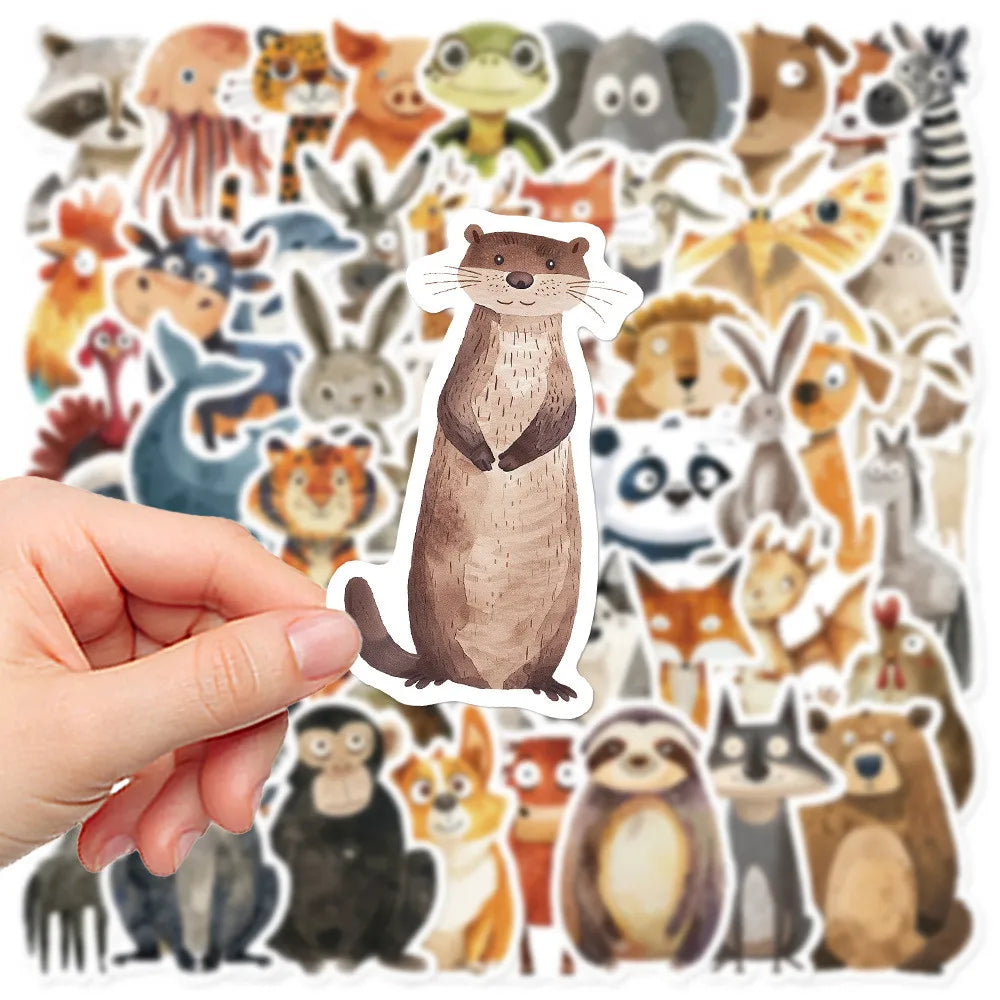 50 Pcs Quirky Watercolor Animal Cartoon Stickers | DIY Decals for Luggage, Laptops & Journals