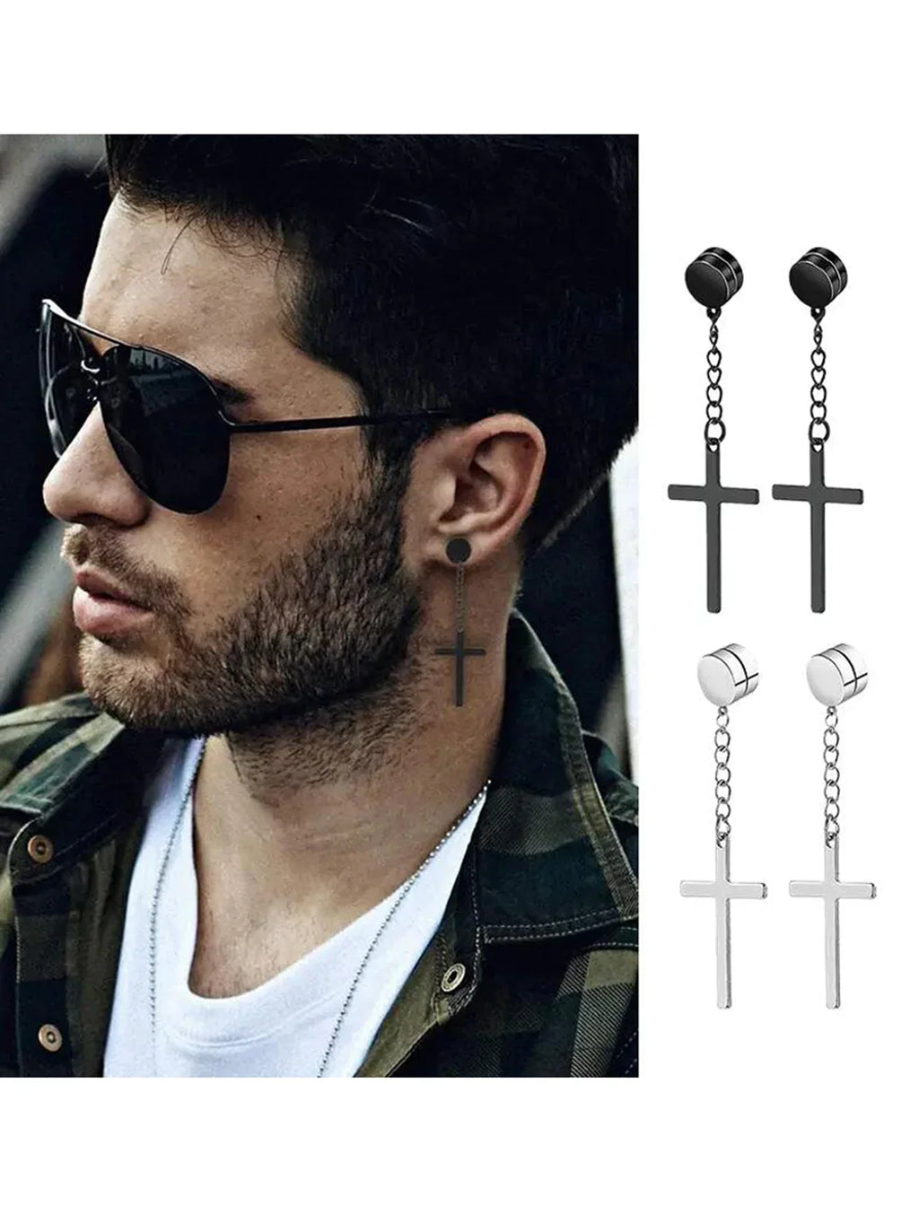 Mens Fashionable Clip On Earrings Set | Non Piercing Magnet Zircon Stainless Steel