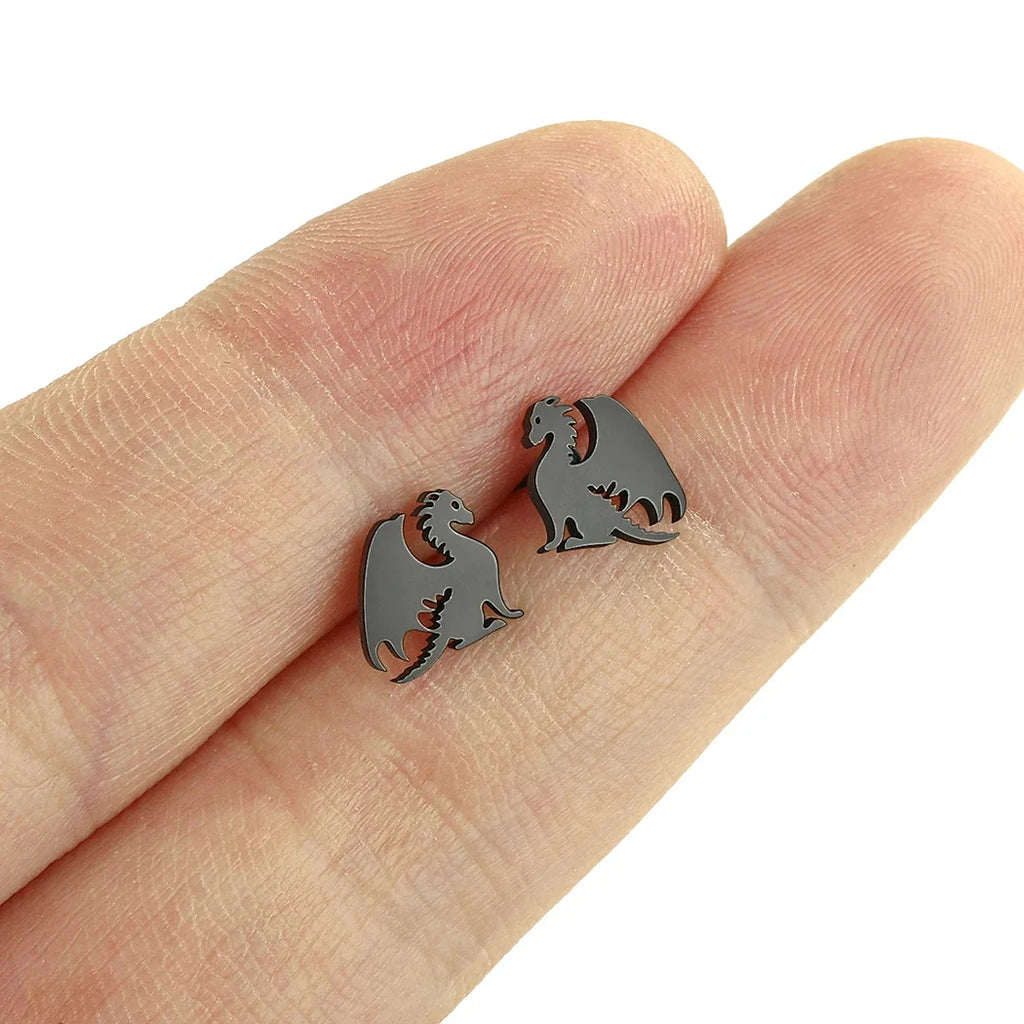 Kinitial Stainless Steel Dragon Earrings | Dainty Punk Animal Stud Jewelry for Women