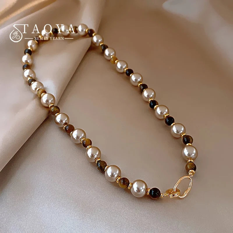 Warm Tiger's Eye Pearl Bead Necklace | Classic Sweater Chain Jewelry