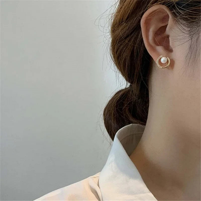 Geometric Pearl Stud Earrings | Fashion Round Zircon Earrings