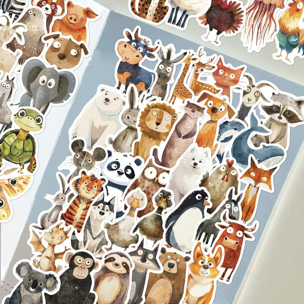 50 Pcs Quirky Watercolor Animal Cartoon Stickers | DIY Decals for Luggage, Laptops & Journals