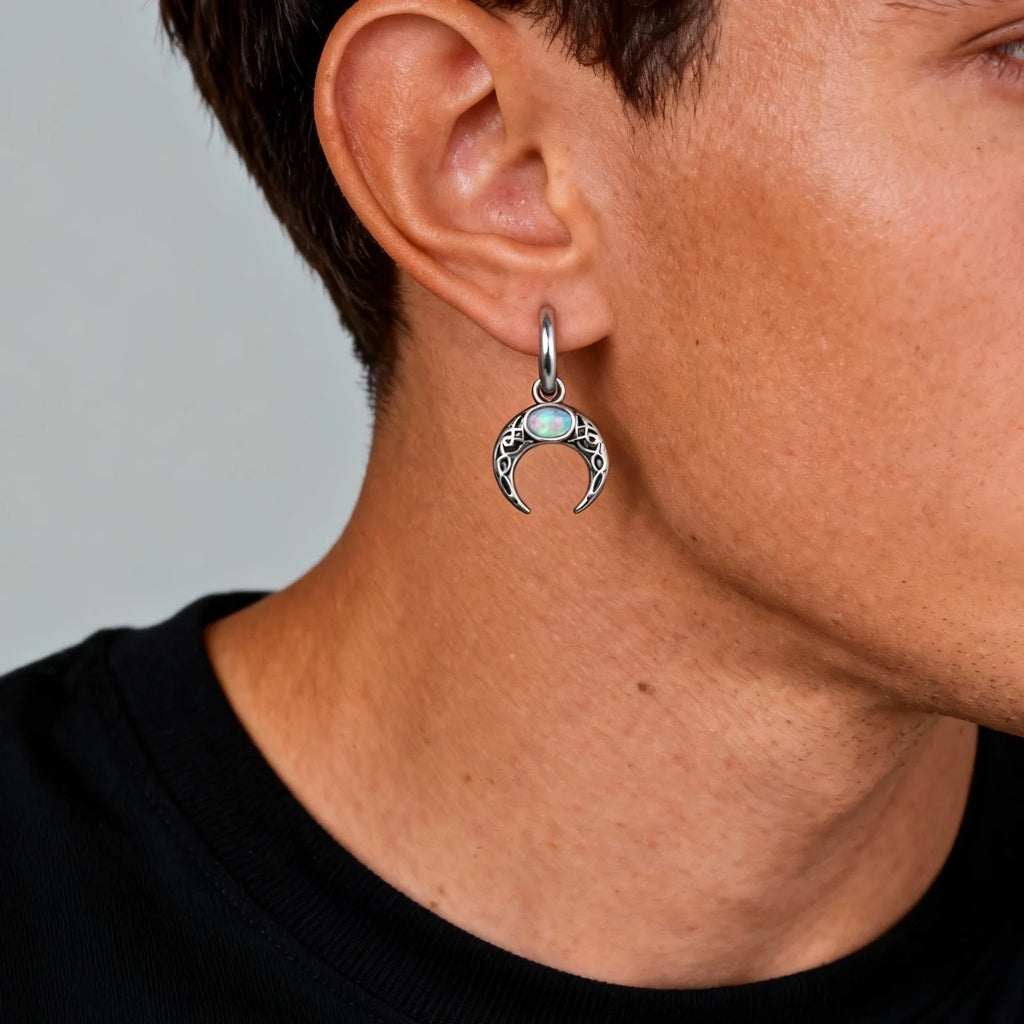 Vintage Moon Earrings for Men | Green Stone Stainless Steel Hoop Jewelry