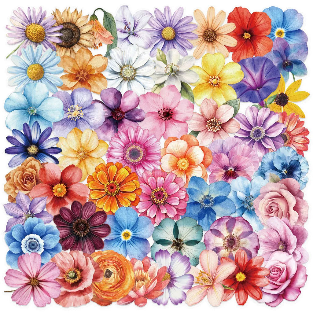 50Pcs Transparent Cartoon Floral Stickers | Waterproof PET Decor for Journals, Guitars, and Notebooks