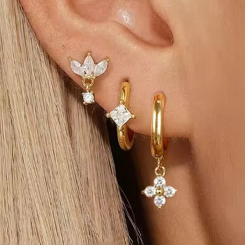 3PCS Stainless Steel Crown Chain Tassel Earring Set | Drop Flower Stud for Women
