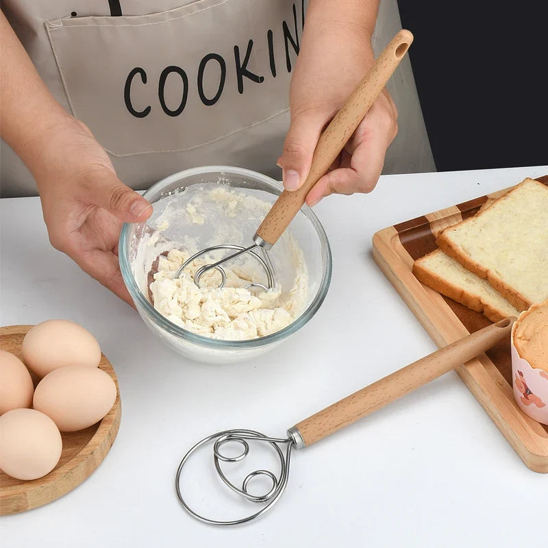 10 Inch Wood Handle Danish Dough Whisk | Stainless Steel Hand Blender for Bread and Batter