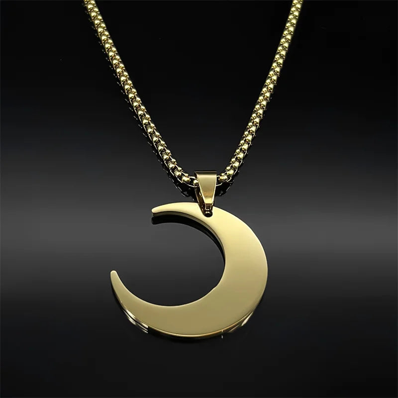 Crescent Moon Islamic Muslim Pendant Necklace | Stainless Steel Gold Color Arabic Quran Chain Amulet Jewelry Gift for Men Women