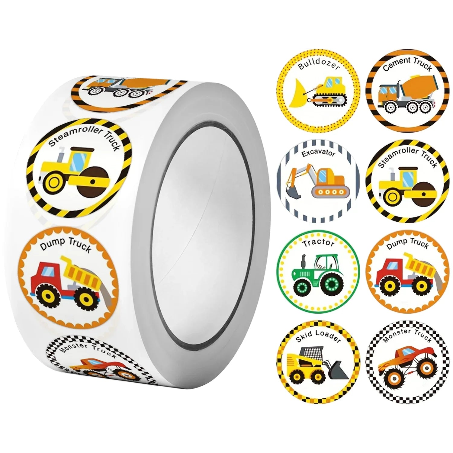 1 Roll (500 Stickers) Cartoon Engineering Vehicle Sticker Set | Teacher Reward Labels